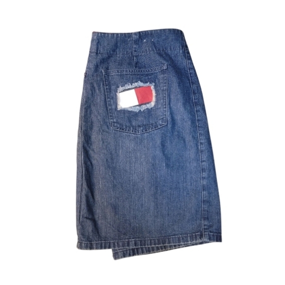Vintage 90's Tommy Hilfiger Rare Dark Denim Patchwork Skirt Size 18 - Picture 4 of 5